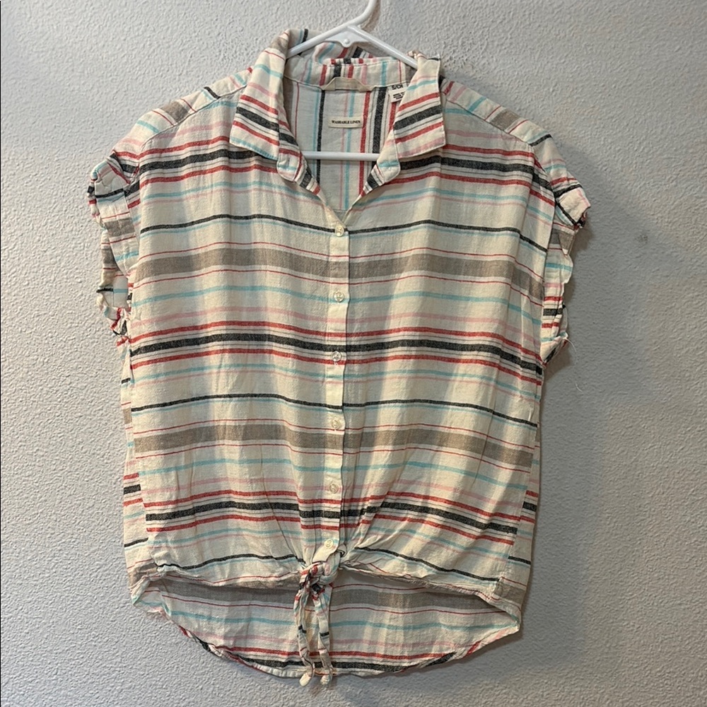 Weatherproof VintageCream and Pink Button Down Linen Shirt